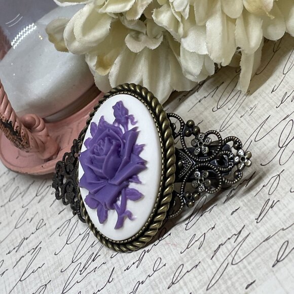 Purple White Rose Cameo Flower Anniversary Wedding Pin Hair Clip Jewelry Comb - Picture 2 of 11